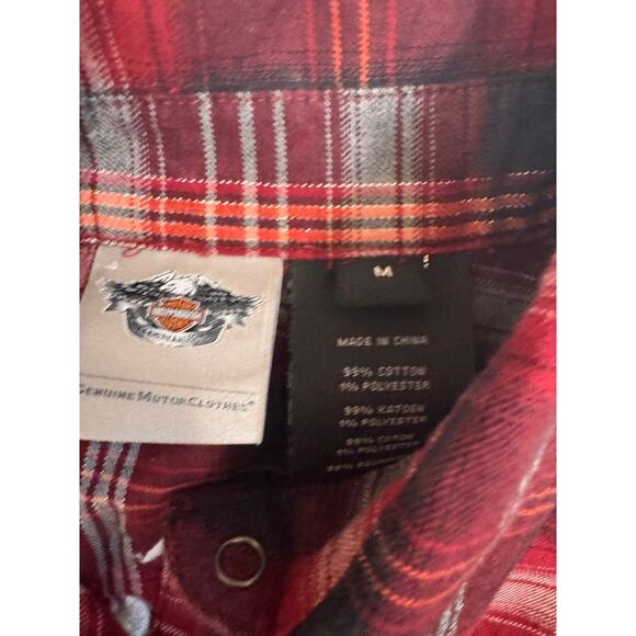 Women's Harley Davidson Red Plaid Flannel Snap Up Shirt Studded Size M Embroider - Picture 5 of 7